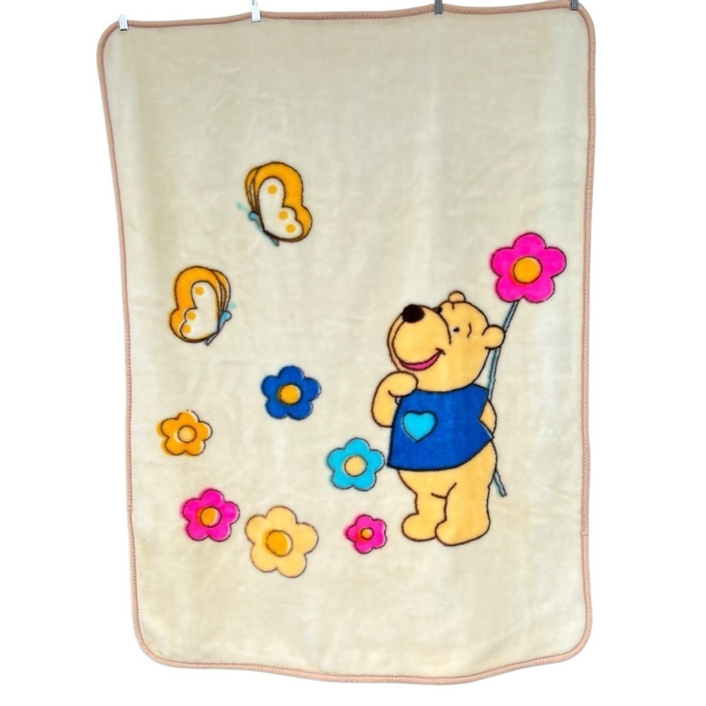 VTG Minky‎ Kawaii Bear Butterflies Flowers Plush Blanket Colorful Soft 41x57 GUC
